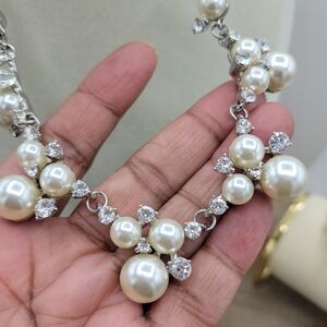 Stunning Faux Pearl & Rhinestone Choker Necklace • Retro • Spring Clasp